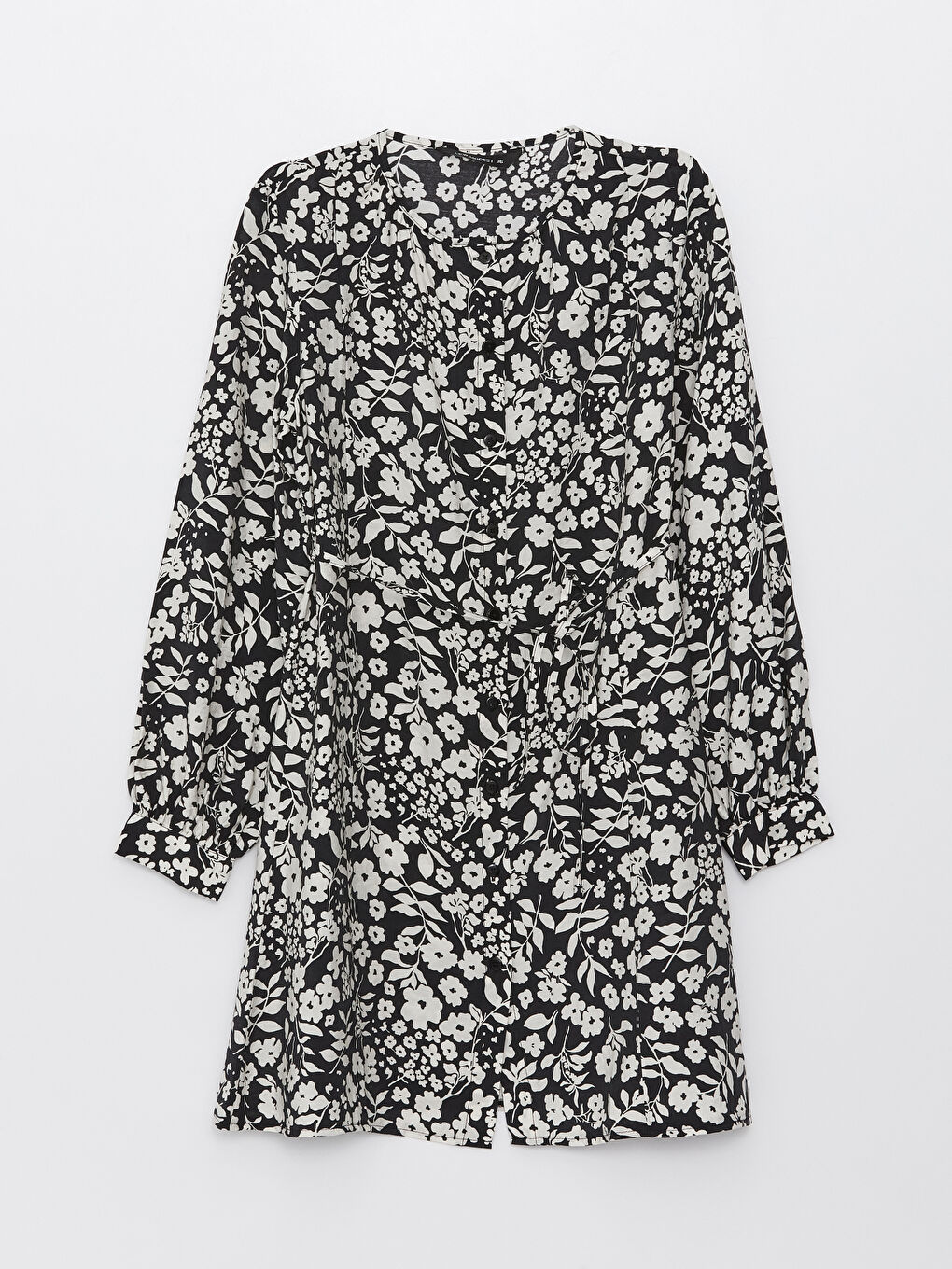 Siyah Bisiklet Yaka Çiçekli Uzun Kollu Kadın Tunik-5