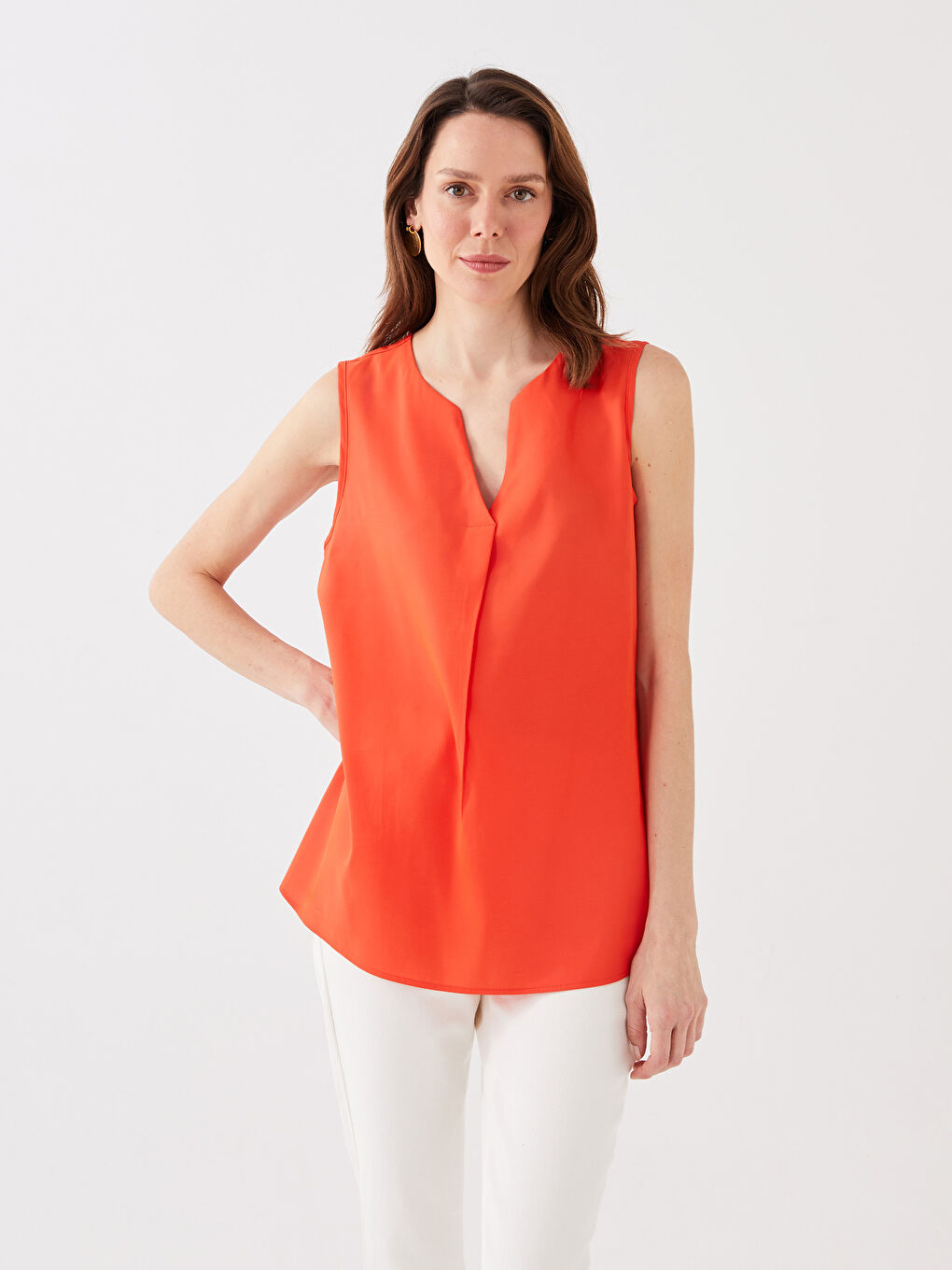 Turuncu Kadın Kaçık Yaka Düz Bluz-1