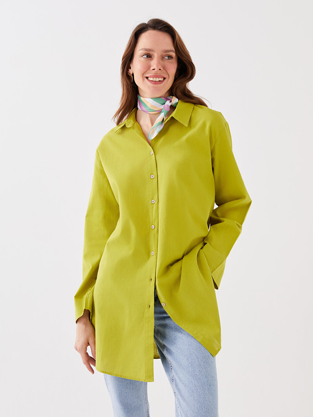 Yeşil Düz Uzun Kollu Kadın Gömlek Tunik
