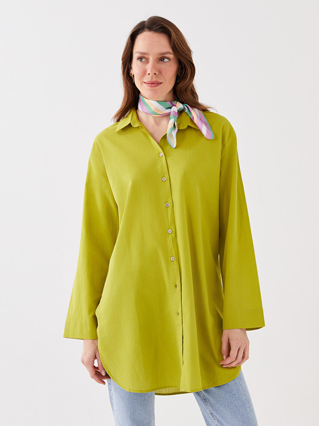 Yeşil Düz Uzun Kollu Kadın Gömlek Tunik-1