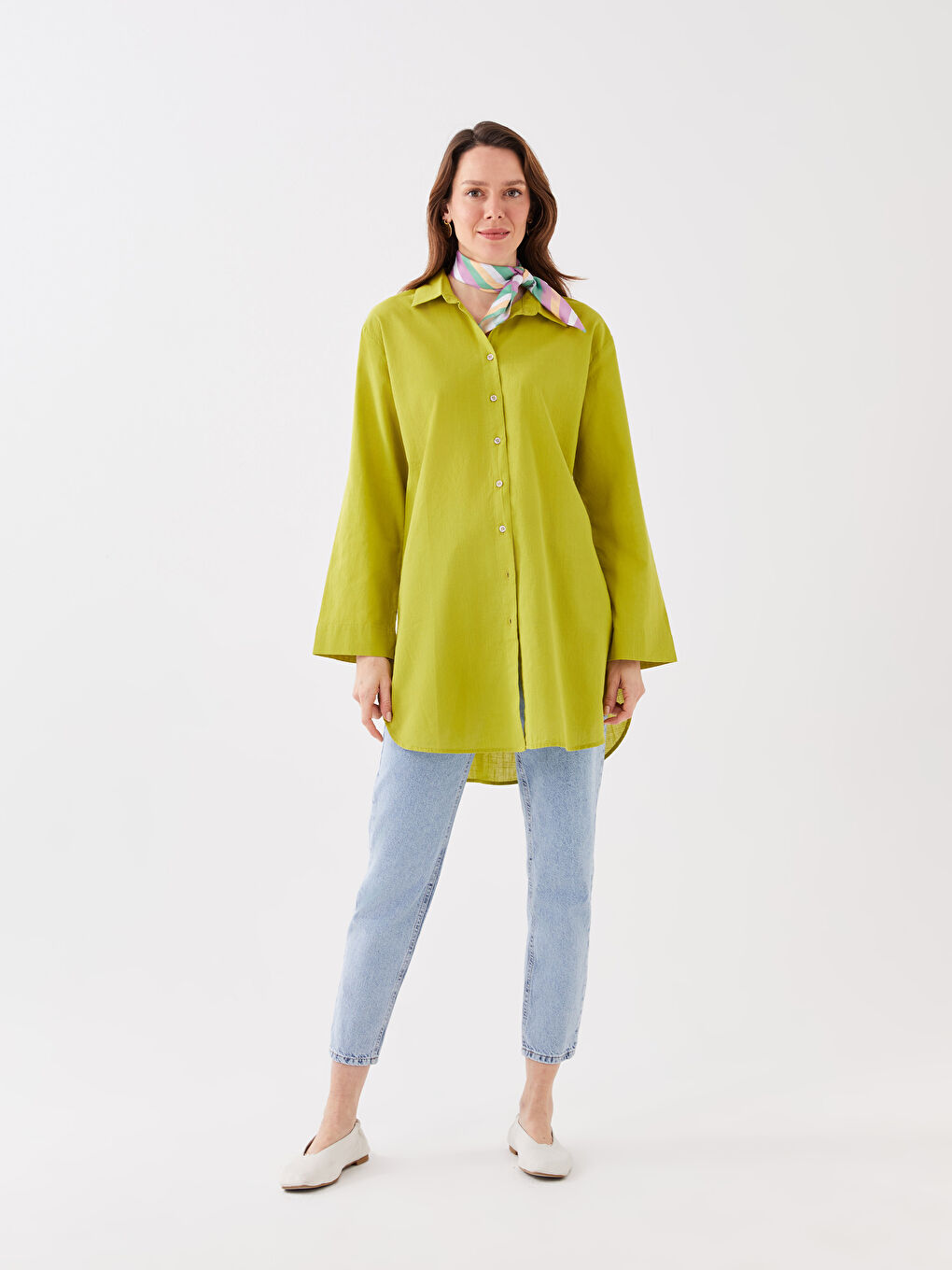 Yeşil Düz Uzun Kollu Kadın Gömlek Tunik-2