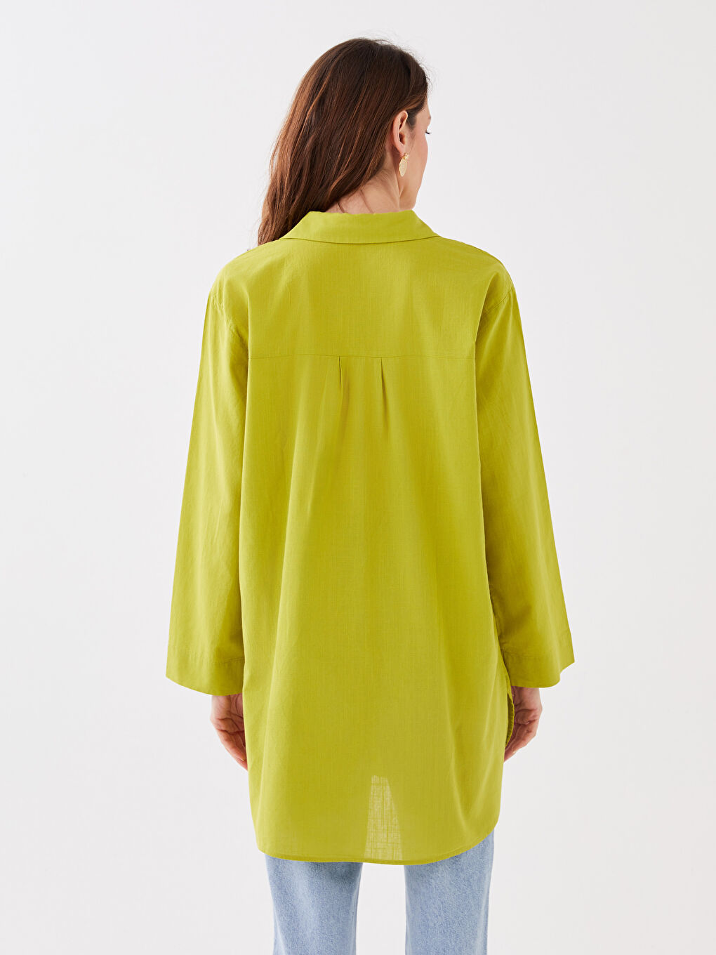 Yeşil Düz Uzun Kollu Kadın Gömlek Tunik-4