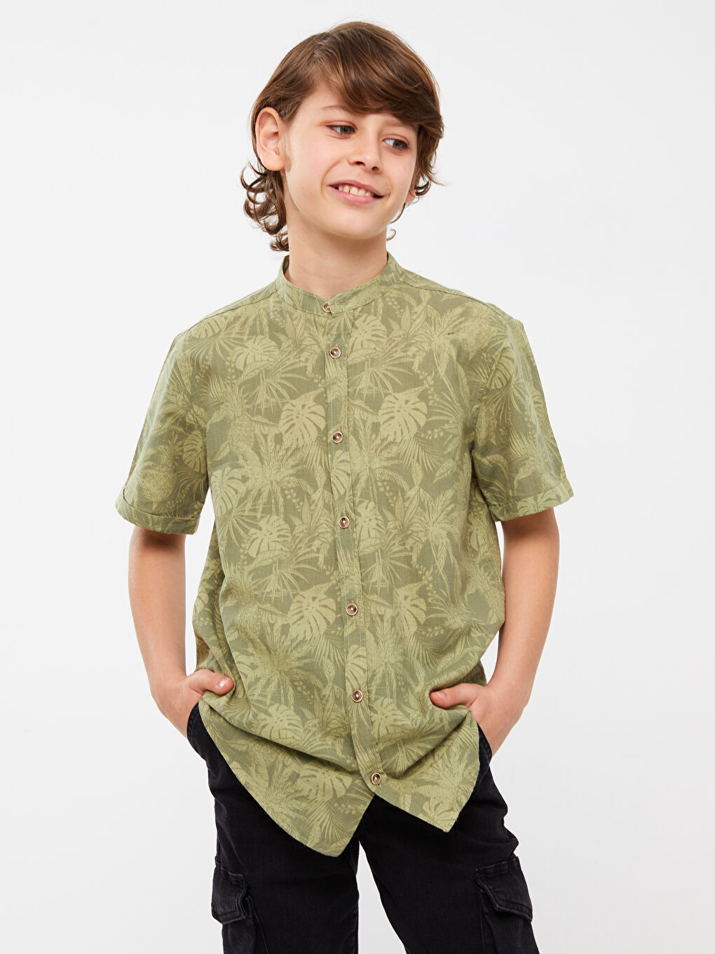 Grandad Collar Patterned Short Sleeve Boys' Shirt -S3DN64Z4-LRR
