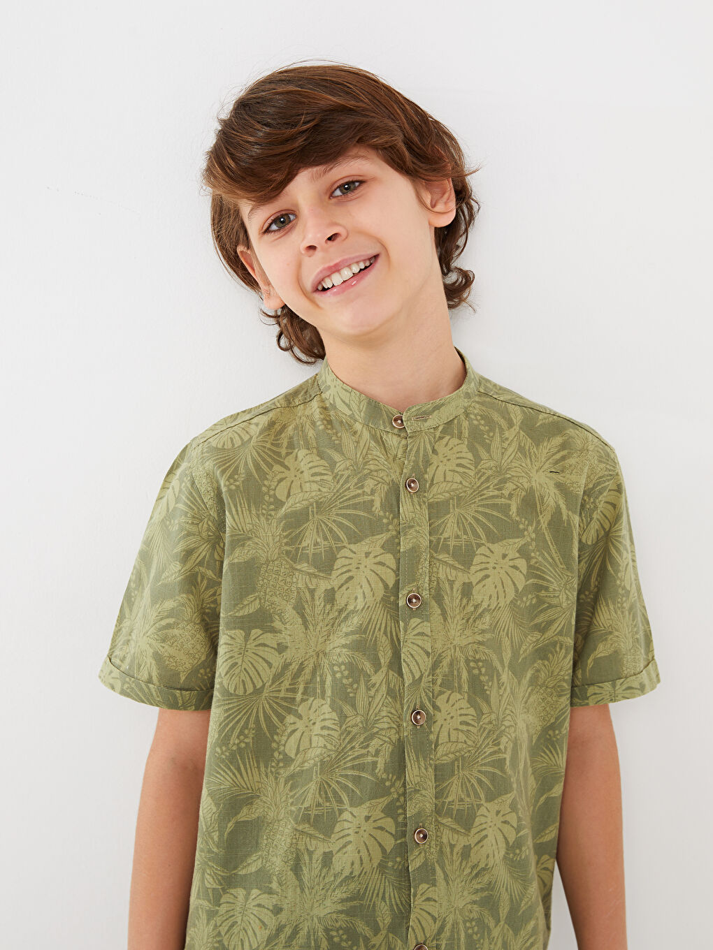 Grandad Collar Patterned Short Sleeve Boys' Shirt -S3DN64Z4-LRR