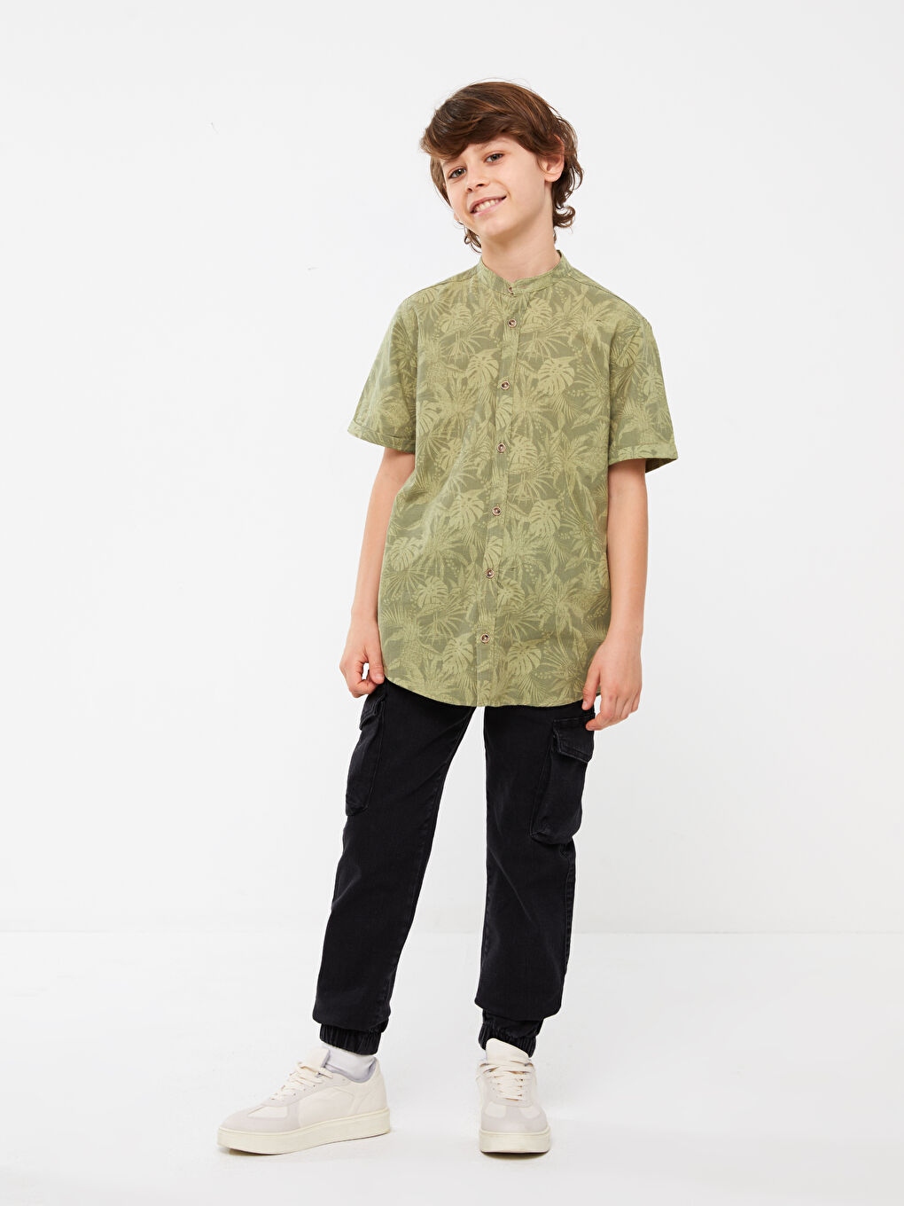 Grandad Collar Patterned Short Sleeve Boys' Shirt -S3DN64Z4-LRR