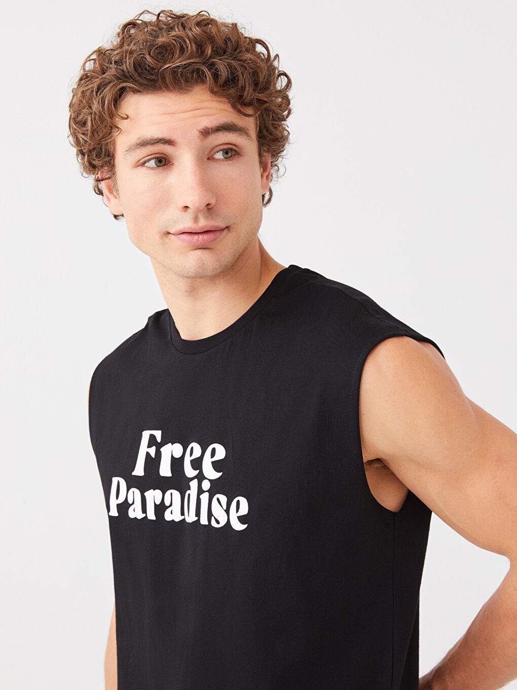 Siyah Bisiklet Yaka Baskılı Penye Erkek Kolsuz Tişört