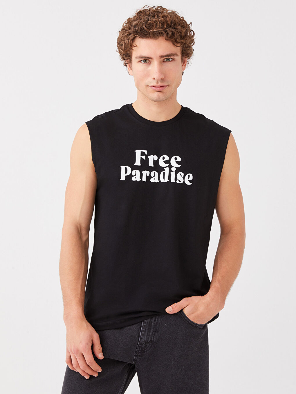 Siyah Bisiklet Yaka Baskılı Penye Erkek Kolsuz Tişört-1