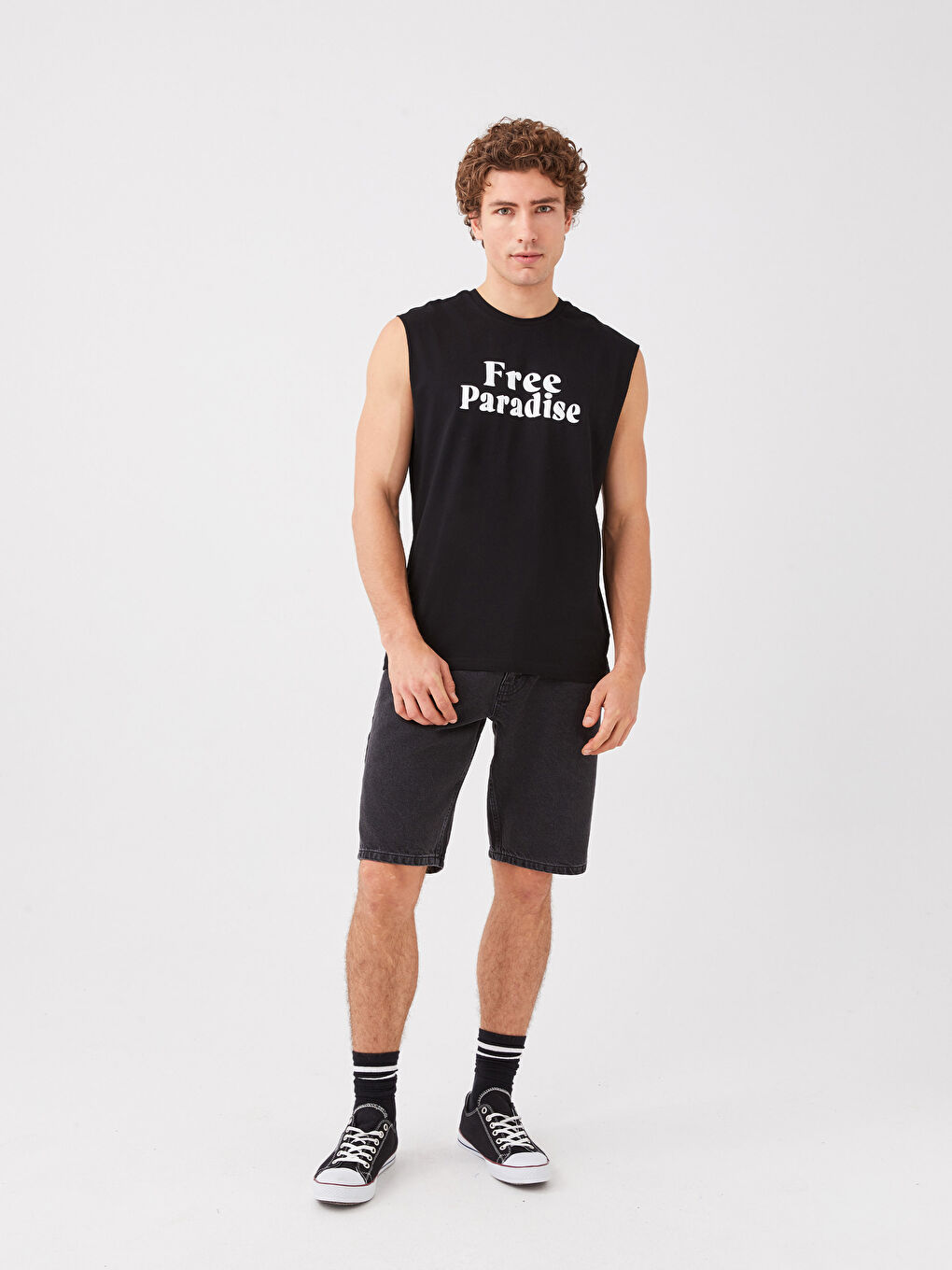 Siyah Bisiklet Yaka Baskılı Penye Erkek Kolsuz Tişört-2