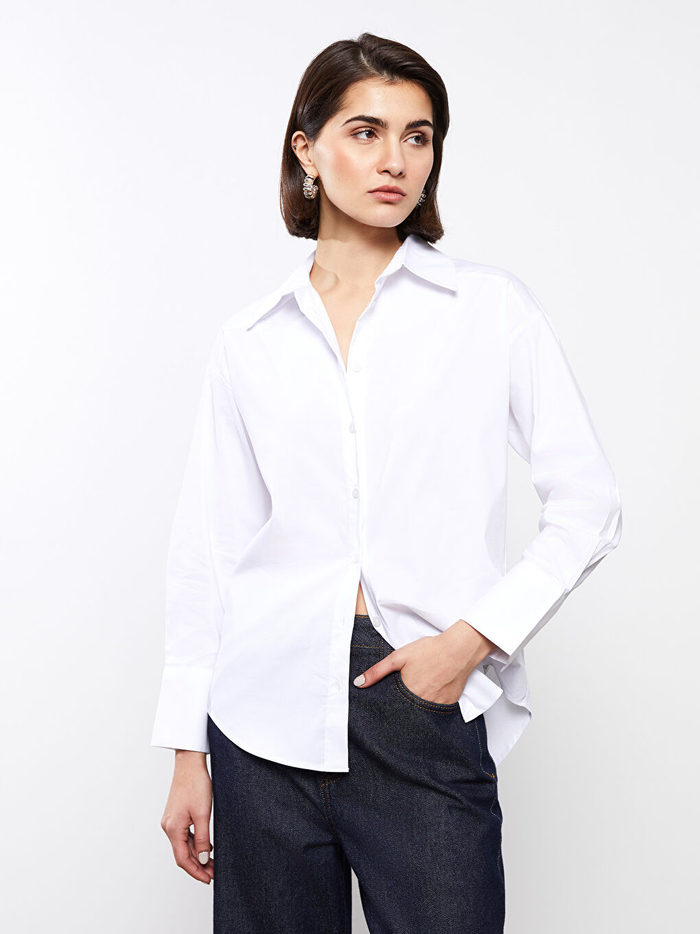 Beyaz Poplin Kadın Gömlek-1