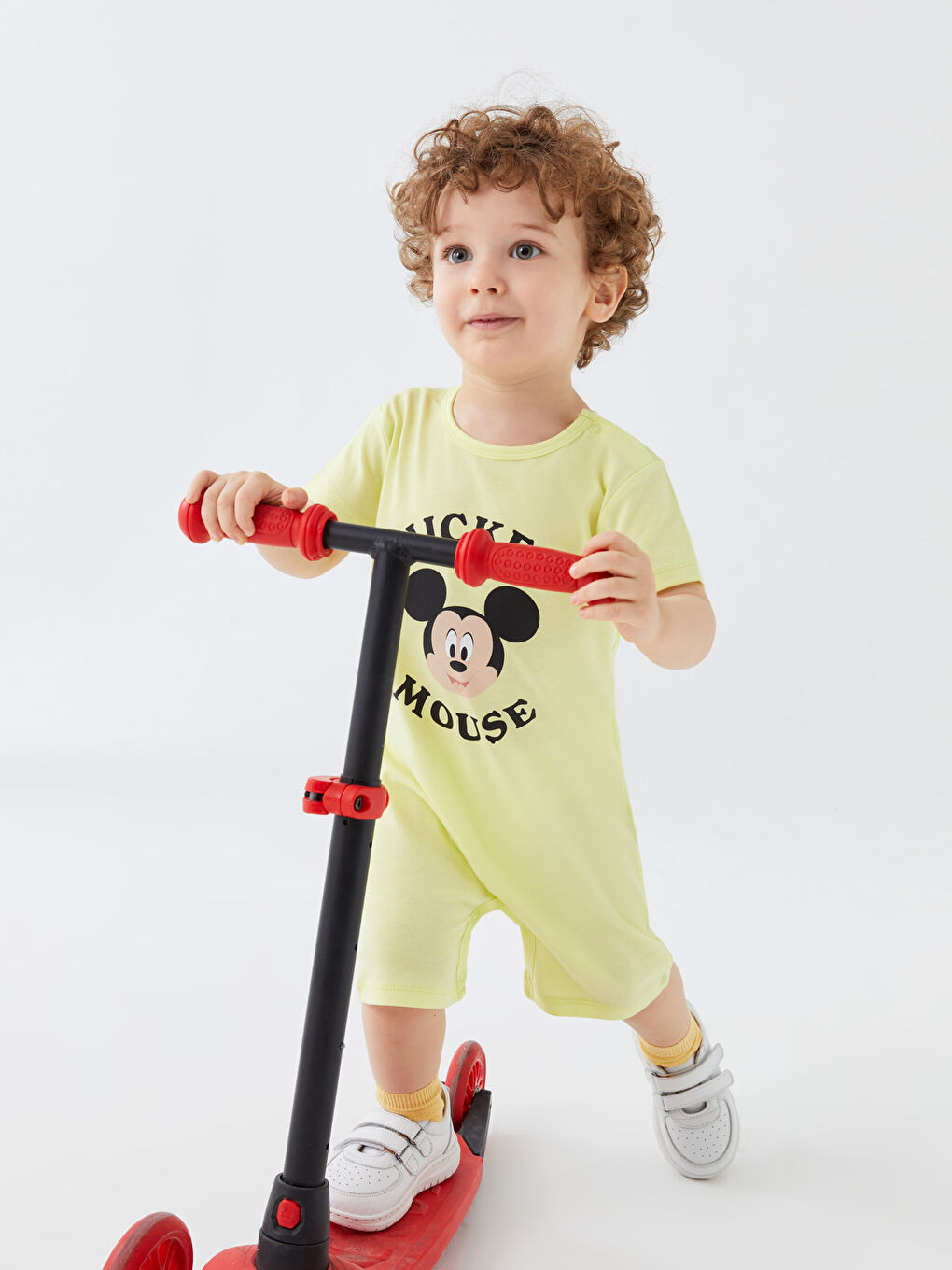 Yeşil Bisiklet Yaka Kısa Kollu Mickey Mouse Baskılı Erkek Bebek Tulum 2'li-1