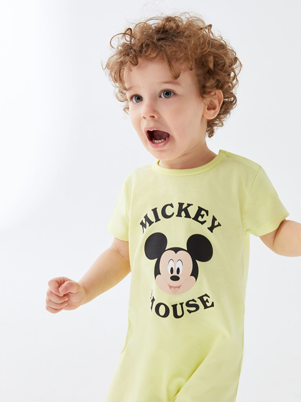 Yeşil Bisiklet Yaka Kısa Kollu Mickey Mouse Baskılı Erkek Bebek Tulum 2'li-2