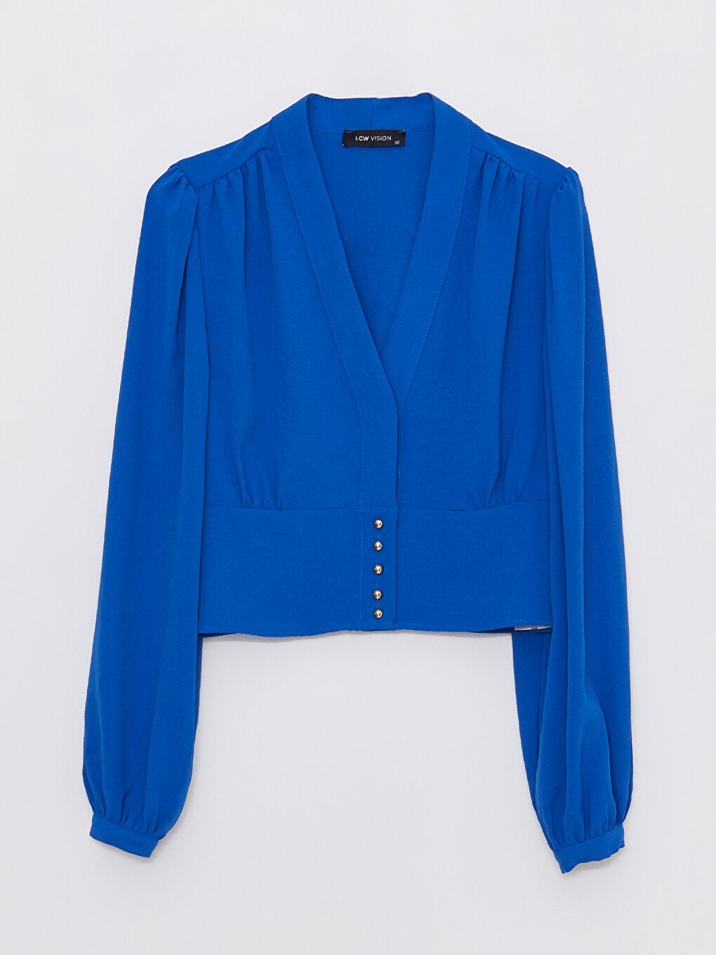 Mavi V Yaka Düz Uzun Kollu Crop Kadın Bluz-5