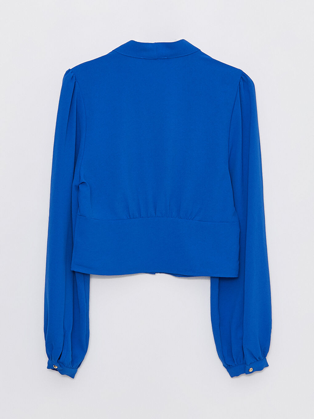 Mavi V Yaka Düz Uzun Kollu Crop Kadın Bluz-6