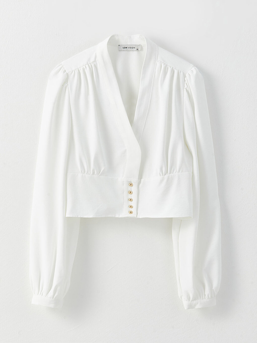 Beyaz V Yaka Düz Uzun Kollu Viskon Kadın Bluz-5