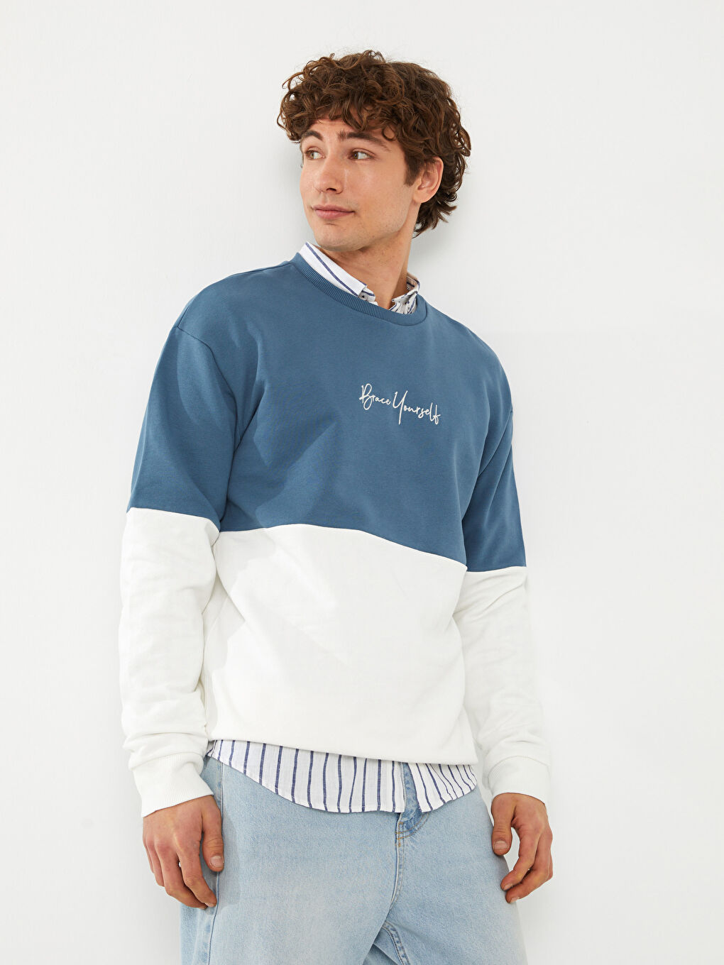 Petrol Bisiklet Yaka Uzun Kollu Renk Bloklu Erkek Sweatshirt