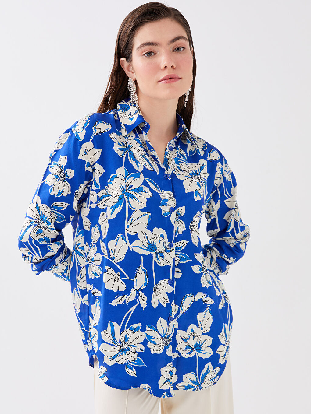 Chemise Oversize en Satin à Manches Longues et Motif Floral pour Femmes