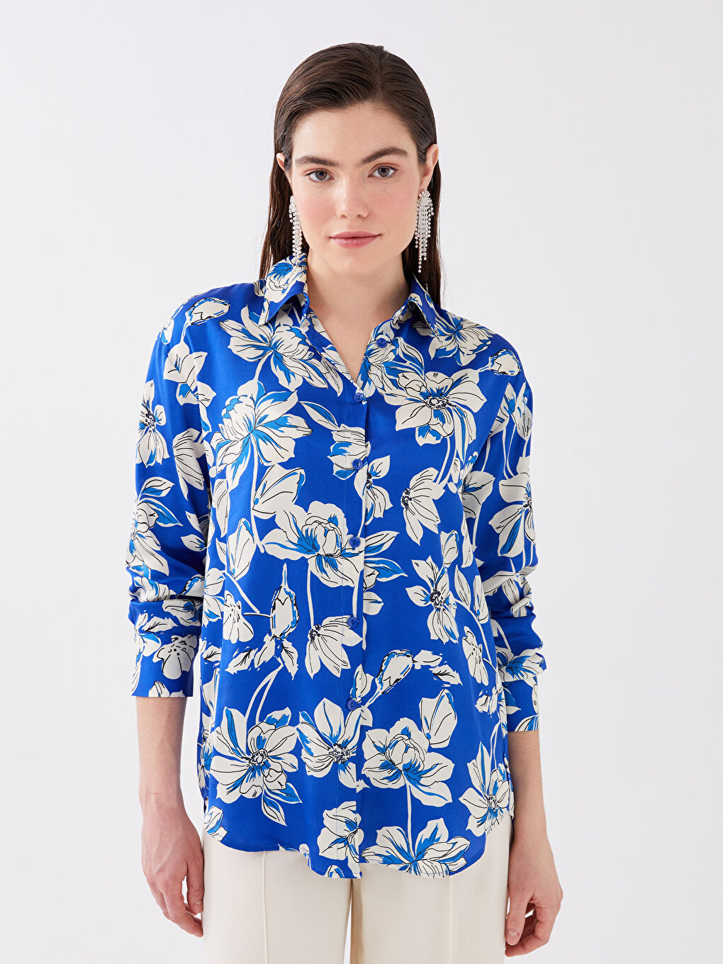 Chemise Oversize en Satin à Manches Longues et Motif Floral pour Femmes-1