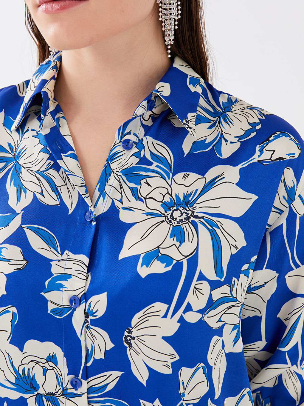 Chemise Oversize en Satin à Manches Longues et Motif Floral pour Femmes-3
