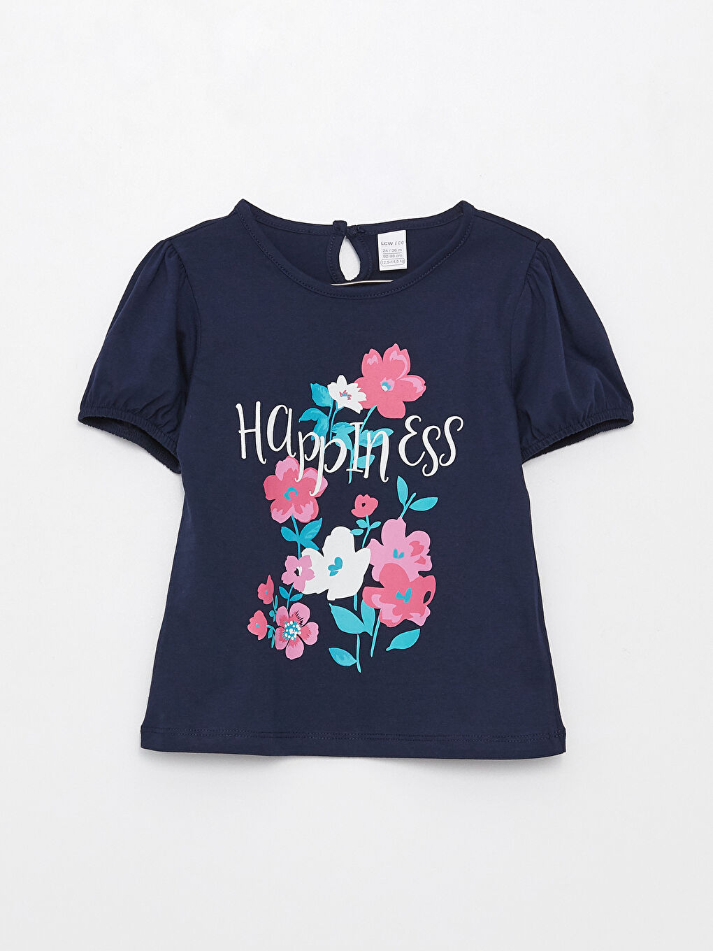 Lacivert Bisiklet Yaka Kısa Kollu Baskılı Kız Bebek Tişört