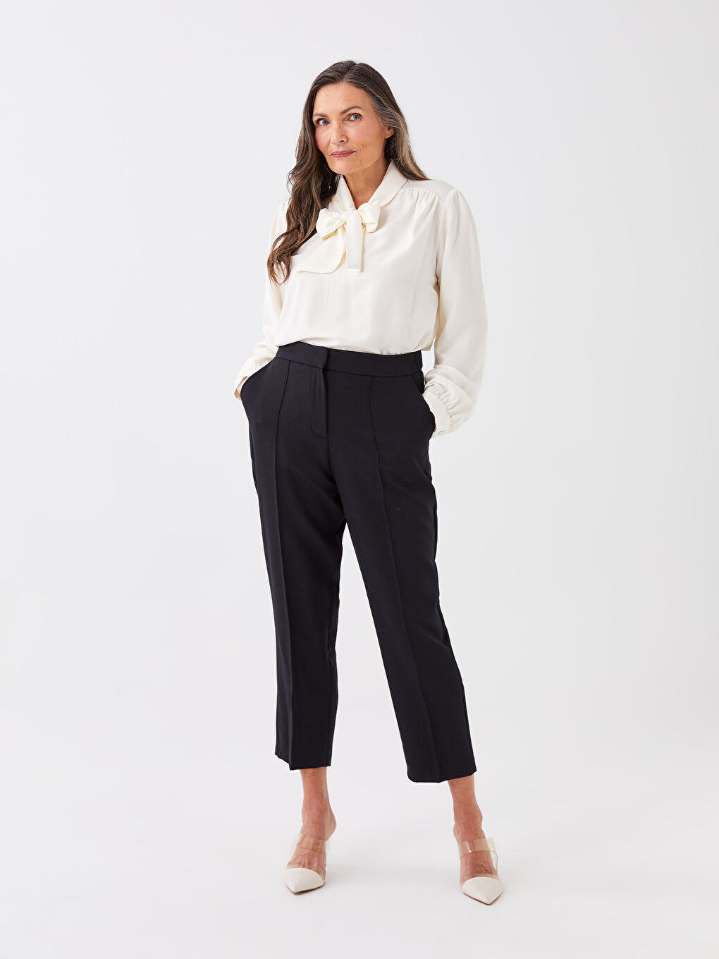 Tie Neck Plain Long Sleeve Women's Blouse-8