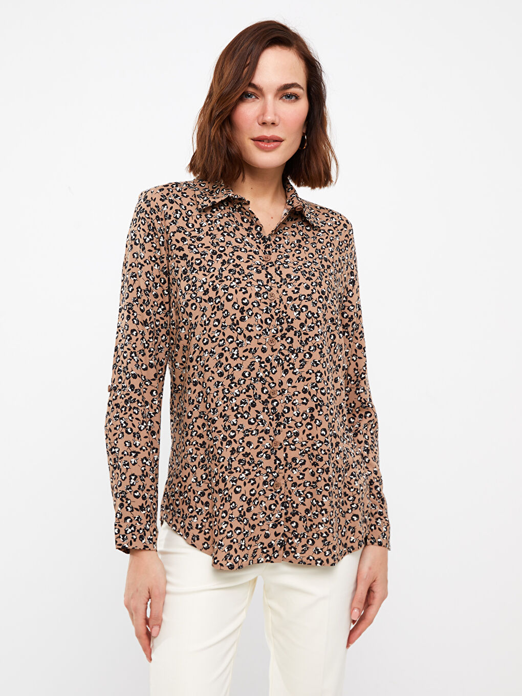 Bej Desenli Uzun Kollu Kadın Gömlek