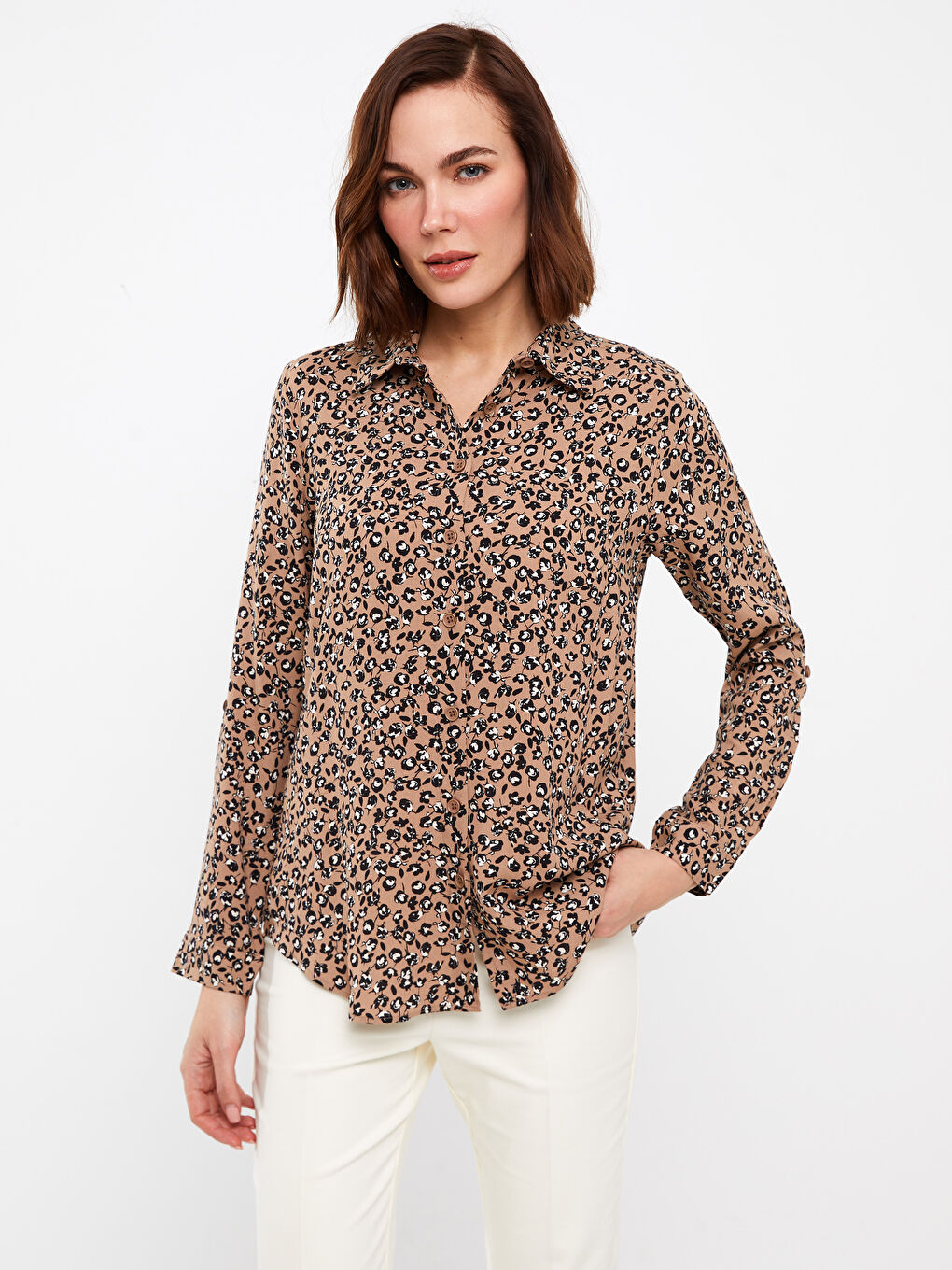 Bej Desenli Uzun Kollu Kadın Gömlek-1