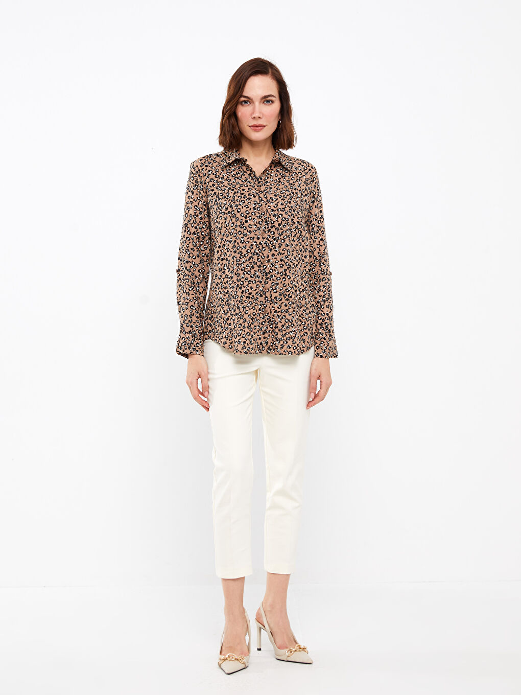 Bej Desenli Uzun Kollu Kadın Gömlek-2