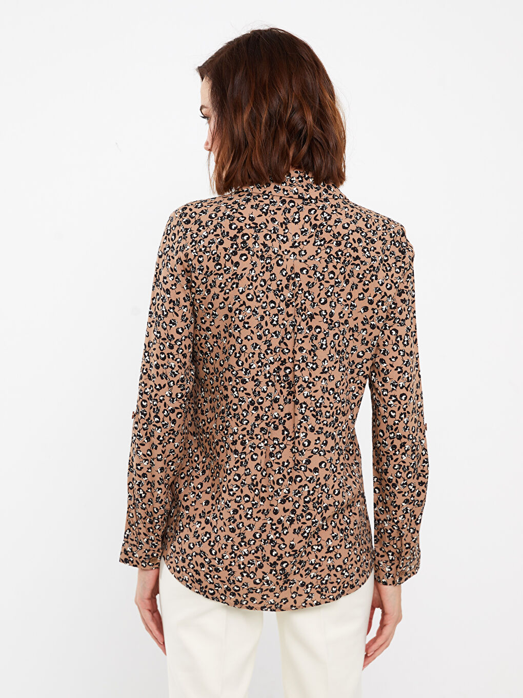 Bej Desenli Uzun Kollu Kadın Gömlek-4