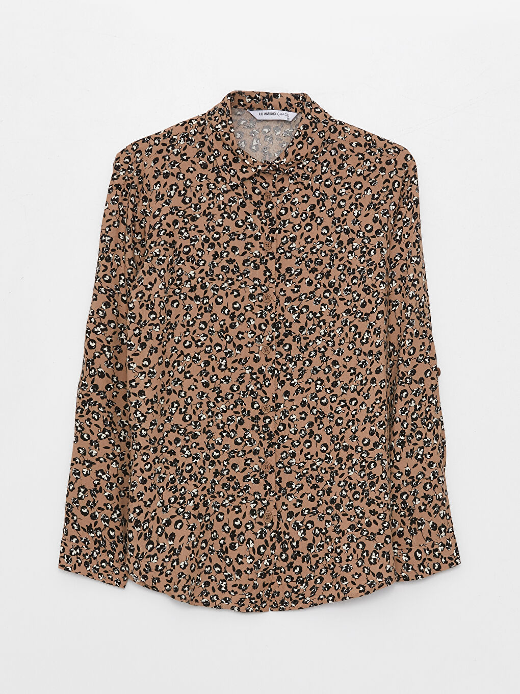 Bej Desenli Uzun Kollu Kadın Gömlek-5