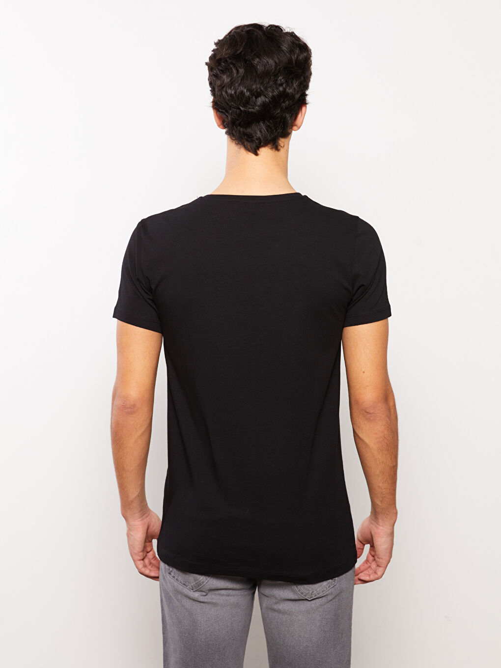 Siyah V Yaka Kısa Kollu Penye Erkek Tişört-4