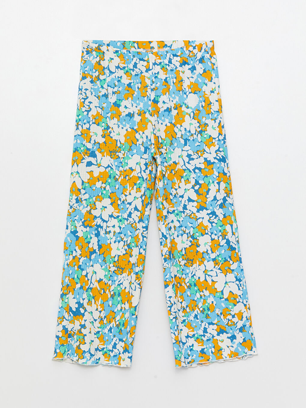 Mavi Beli Lastikli Desenli Geniş Paça Kız Çocuk Pantolon