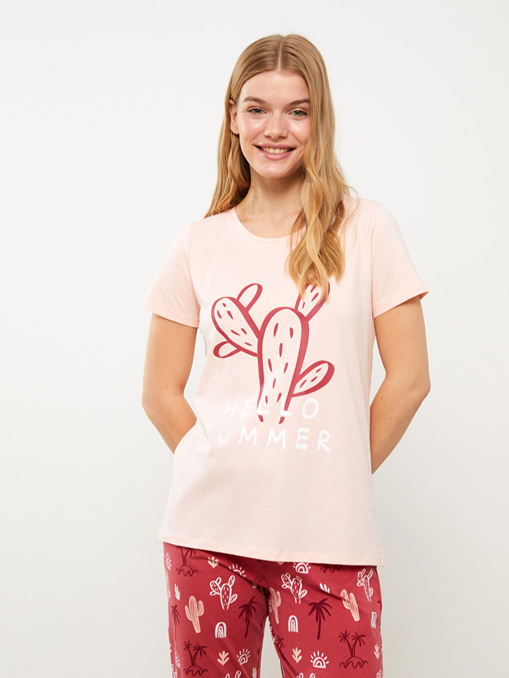 Crew Neck Printed Short Sleeve Women's Pyjamas Set-1