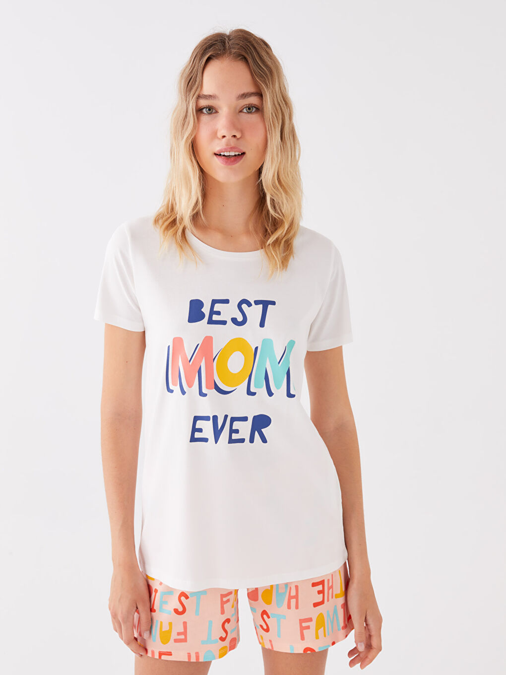 Pembe Bisiklet Yaka Baskılı Kısa Kollu Kadın Şortlu Pijama Takımı