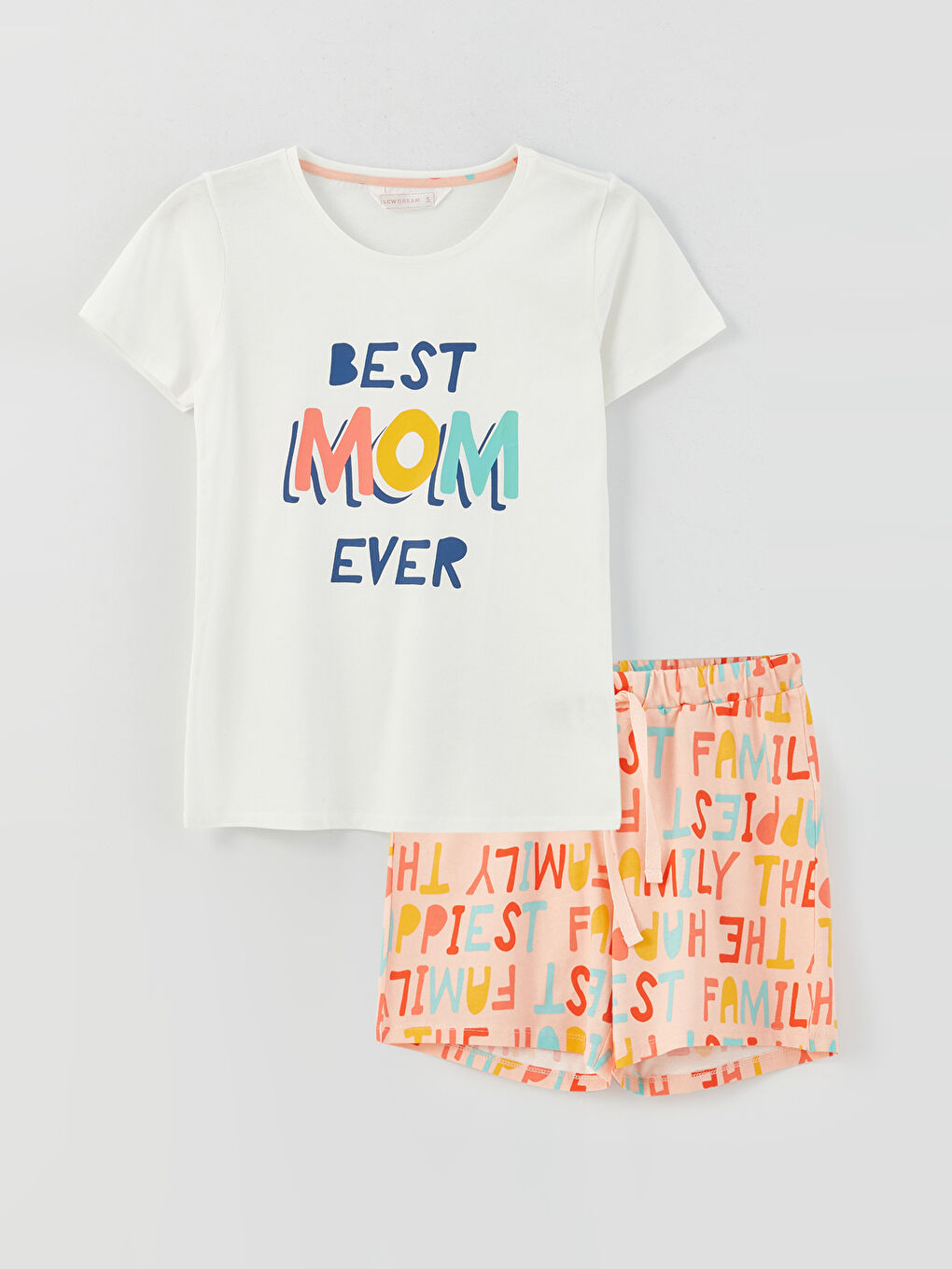 Pembe Bisiklet Yaka Baskılı Kısa Kollu Kadın Şortlu Pijama Takımı-5