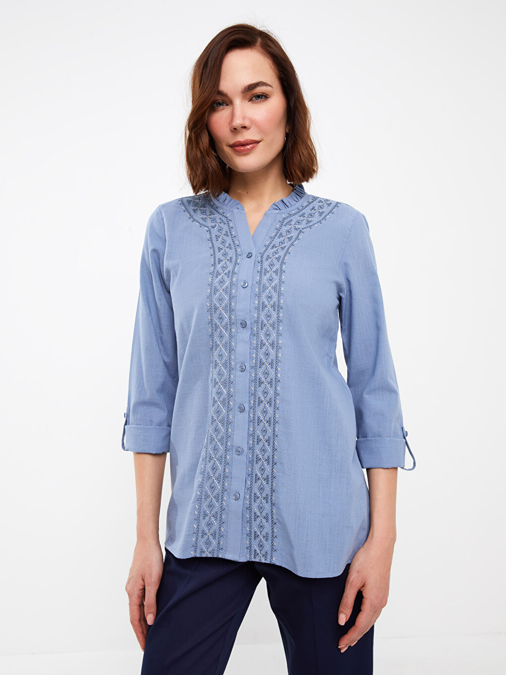 Long Sleeve Poplin Women's Shirt With Loop Collar Embroidery -S3DP86Z8-LGS