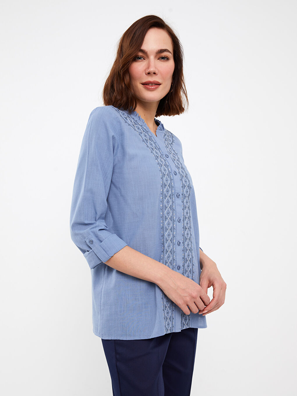 Long Sleeve Poplin Women's Shirt With Loop Collar Embroidery -S3DP86Z8-LGS