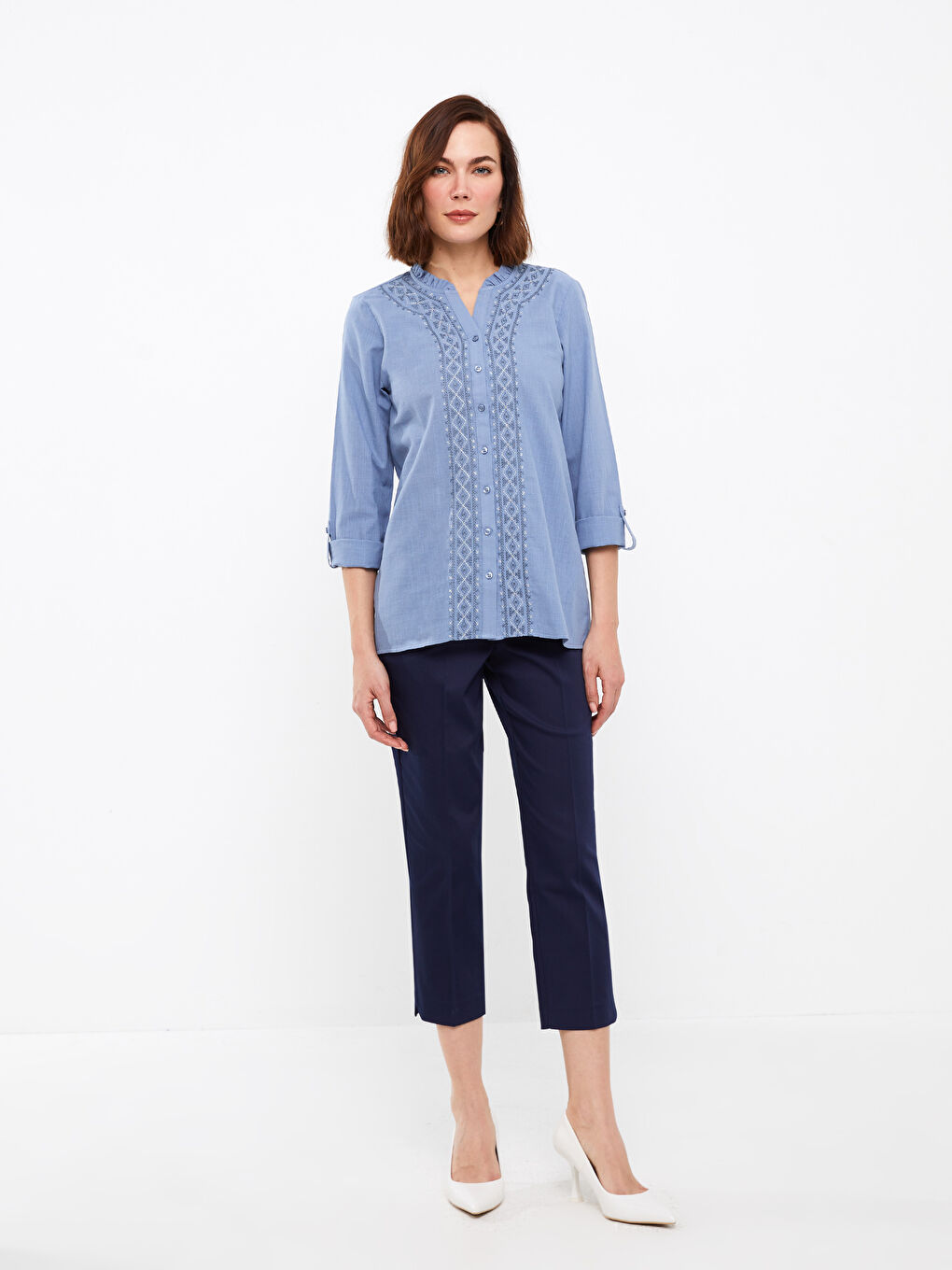 Long Sleeve Poplin Women's Shirt With Loop Collar Embroidery -S3DP86Z8-LGS