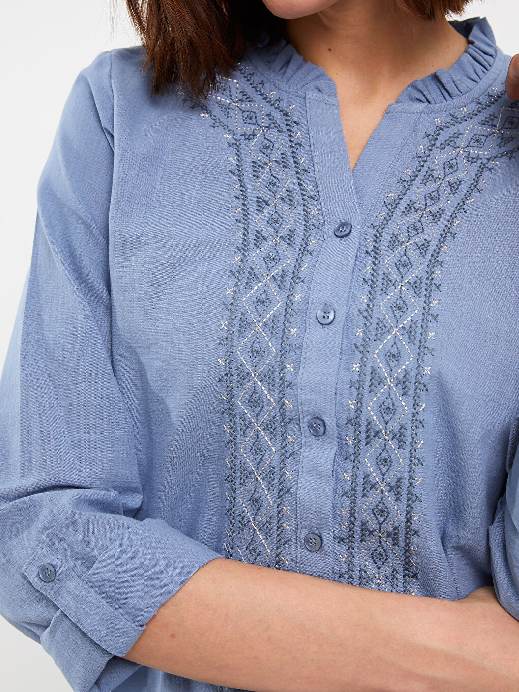 Long Sleeve Poplin Women's Shirt With Loop Collar Embroidery -S3DP86Z8-LGS