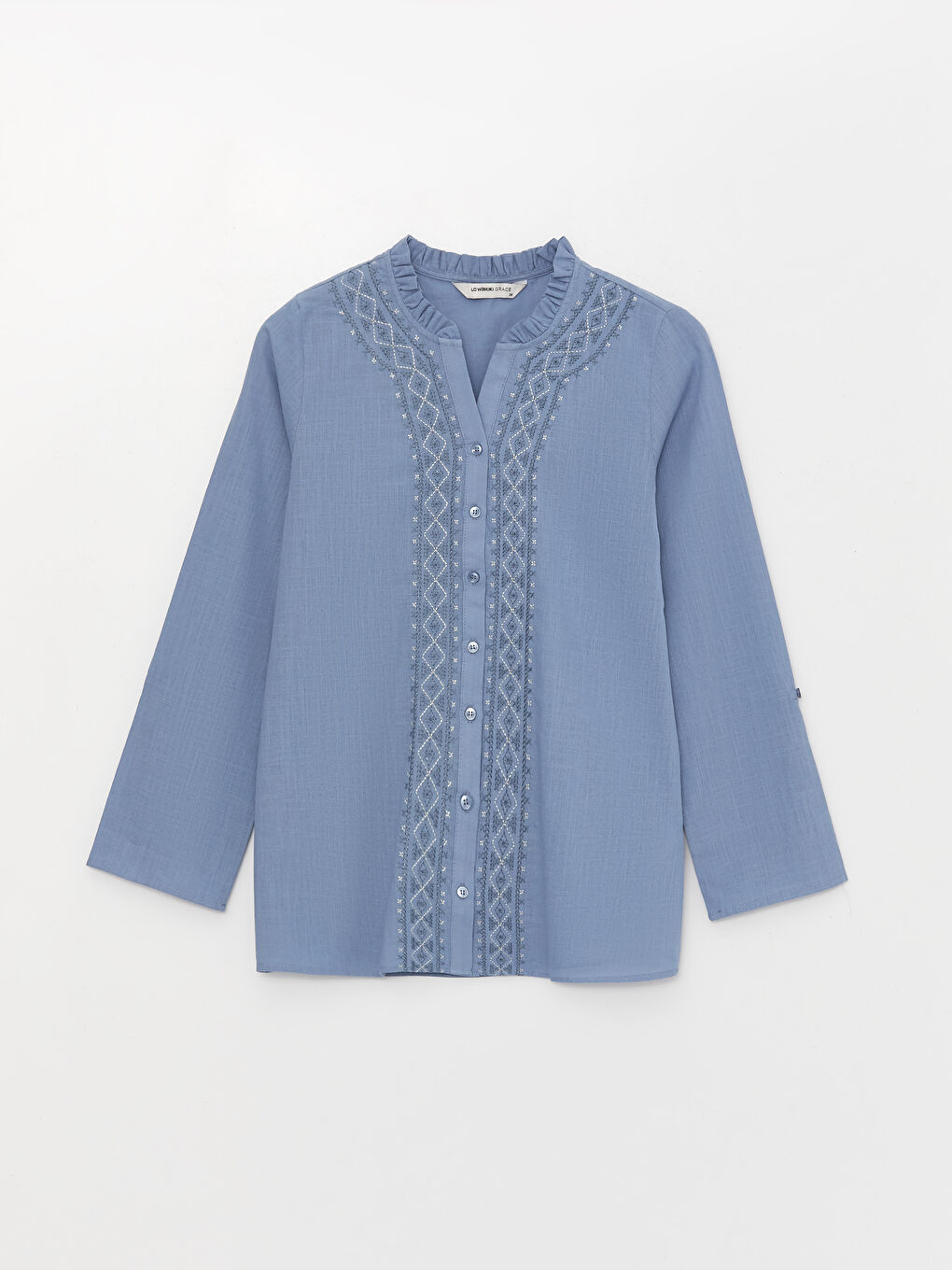 Long Sleeve Poplin Women's Shirt With Loop Collar Embroidery -S3DP86Z8-LGS