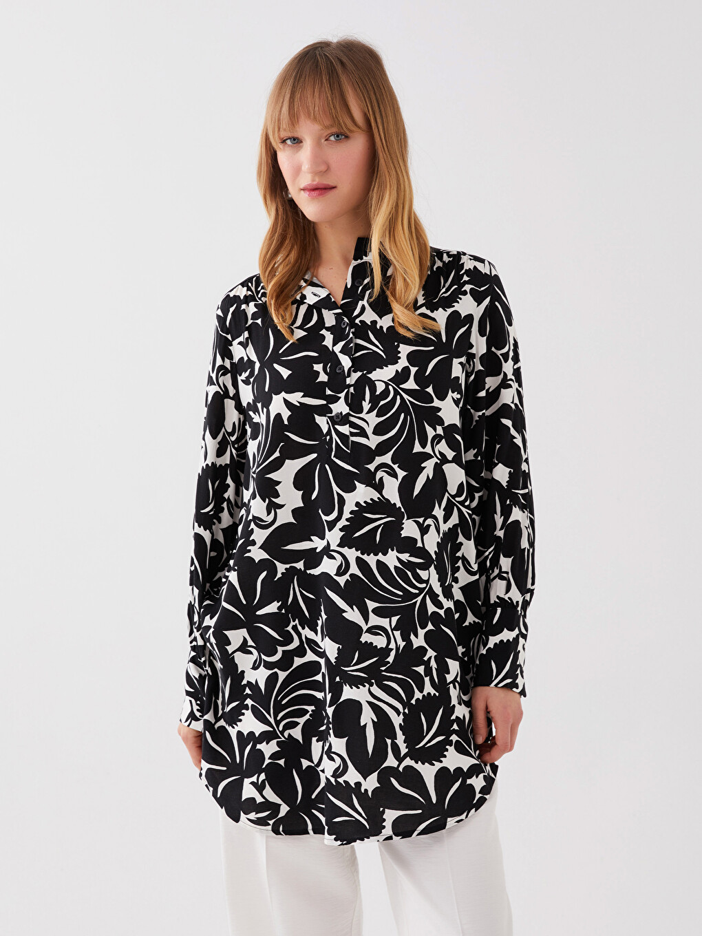 Stehkragen Gemustert Langarm Oversize Viskose Tunika für Damen