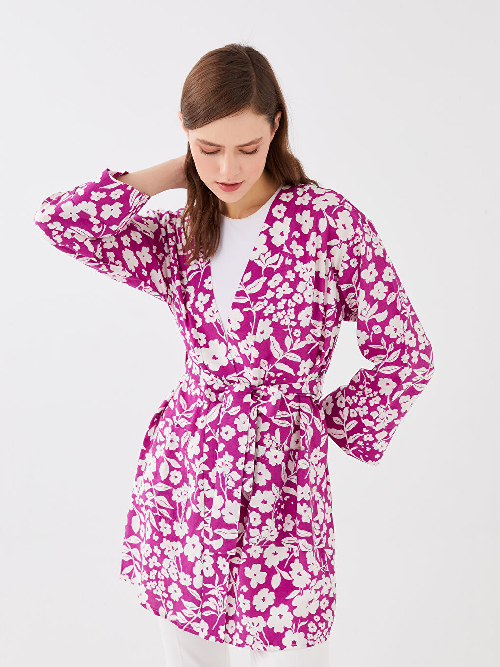 Mor Şal Yaka Çiçekli Uzun Kollu Oversize Kadın Kimono