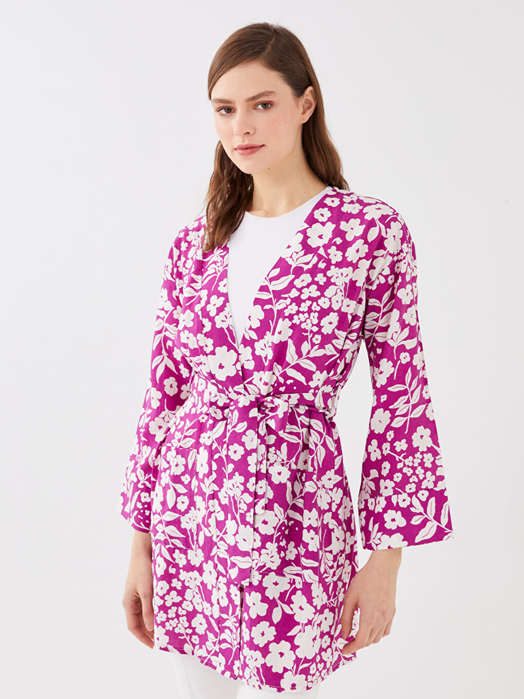 Mor Şal Yaka Çiçekli Uzun Kollu Oversize Kadın Kimono-1