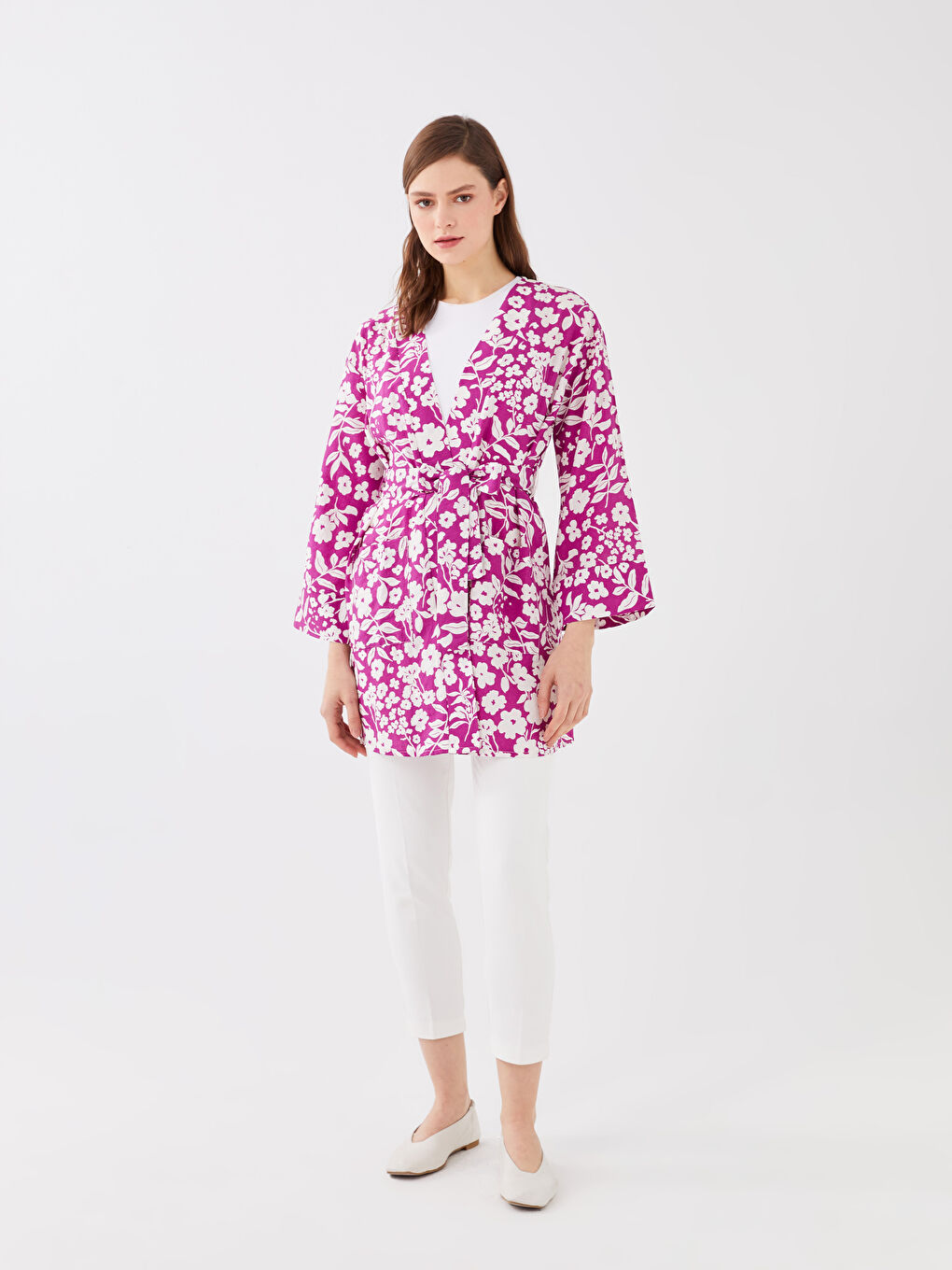 Mor Şal Yaka Çiçekli Uzun Kollu Oversize Kadın Kimono-2