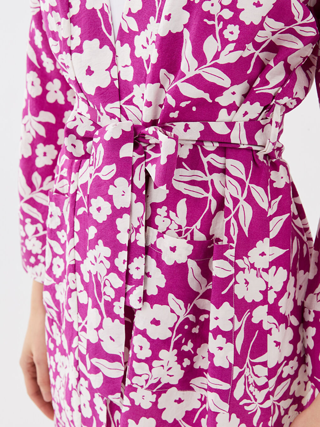 Mor Şal Yaka Çiçekli Uzun Kollu Oversize Kadın Kimono-3