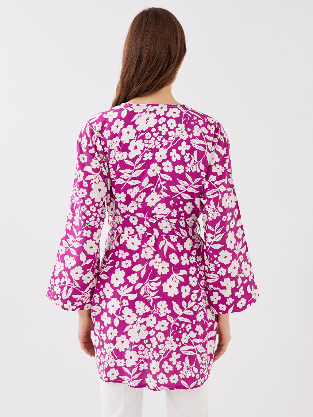 Mor Şal Yaka Çiçekli Uzun Kollu Oversize Kadın Kimono-4