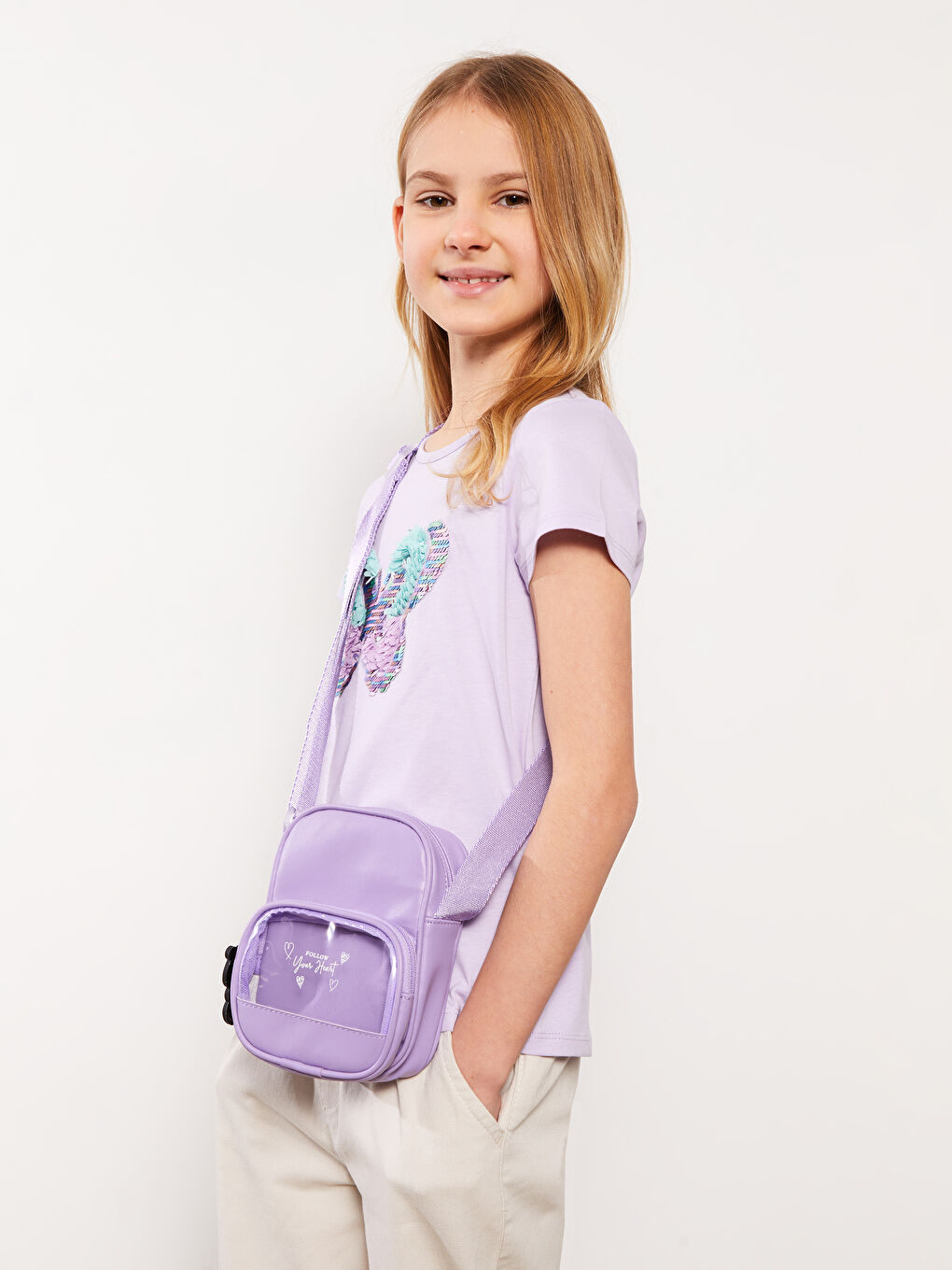 LCW ACCESSORIES Lila Deri Görünümlü Baskılı Kız Çocuk Çapraz Çanta