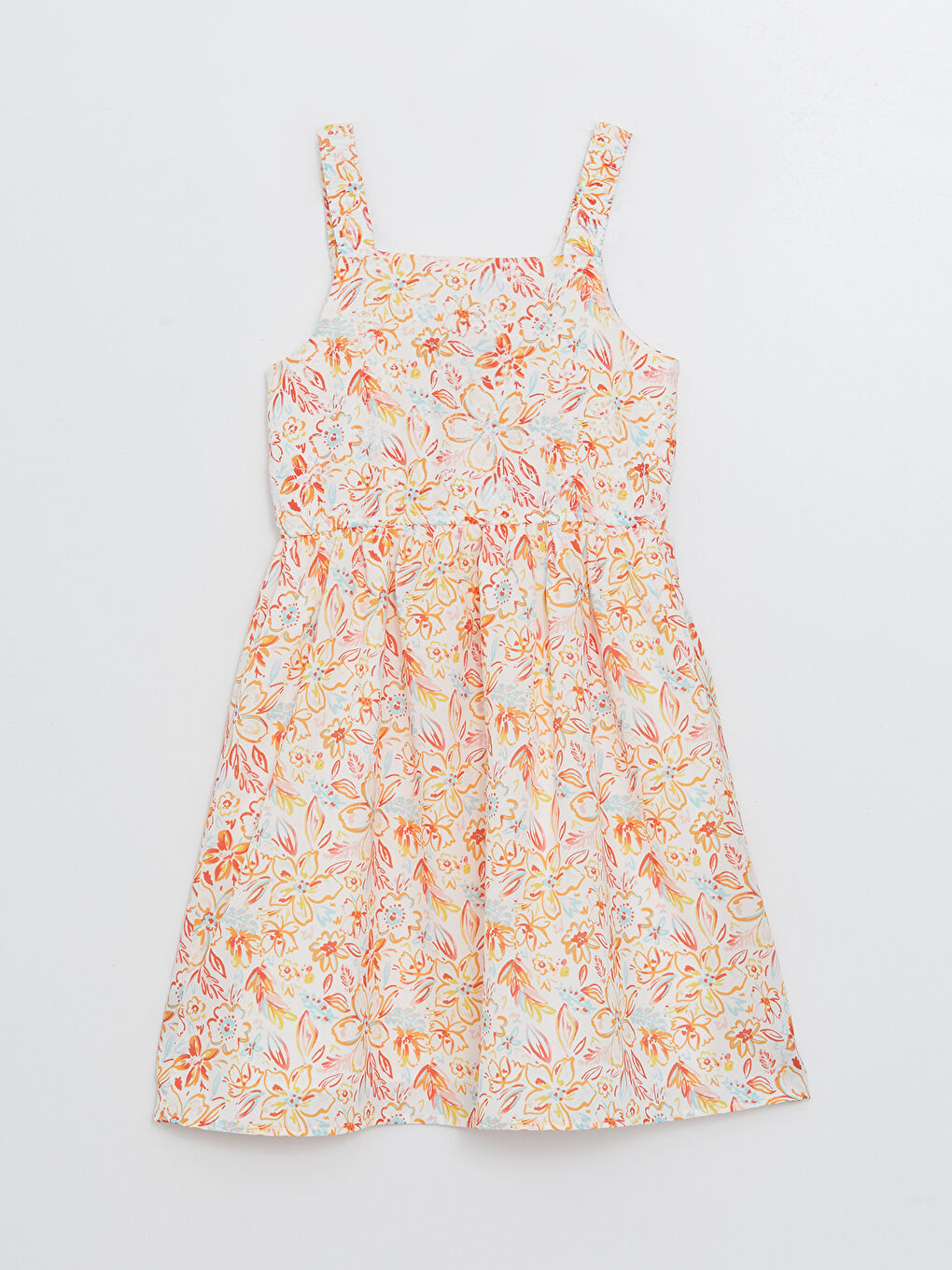 فستان بناتي بحمّالات وياقة مربعة منقوش