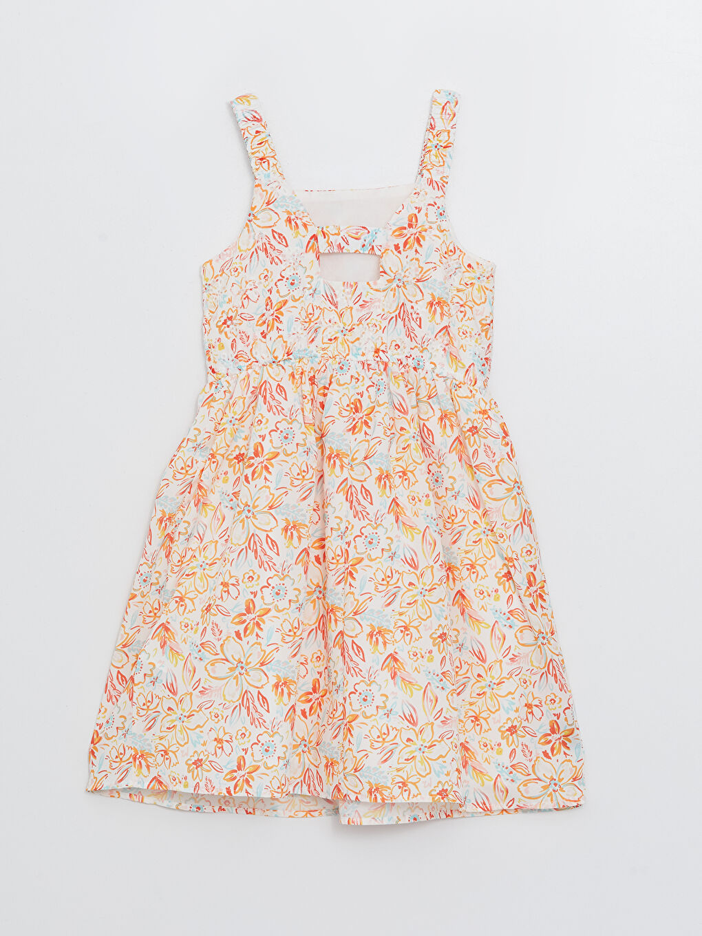 فستان بناتي بحمّالات وياقة مربعة منقوش-1