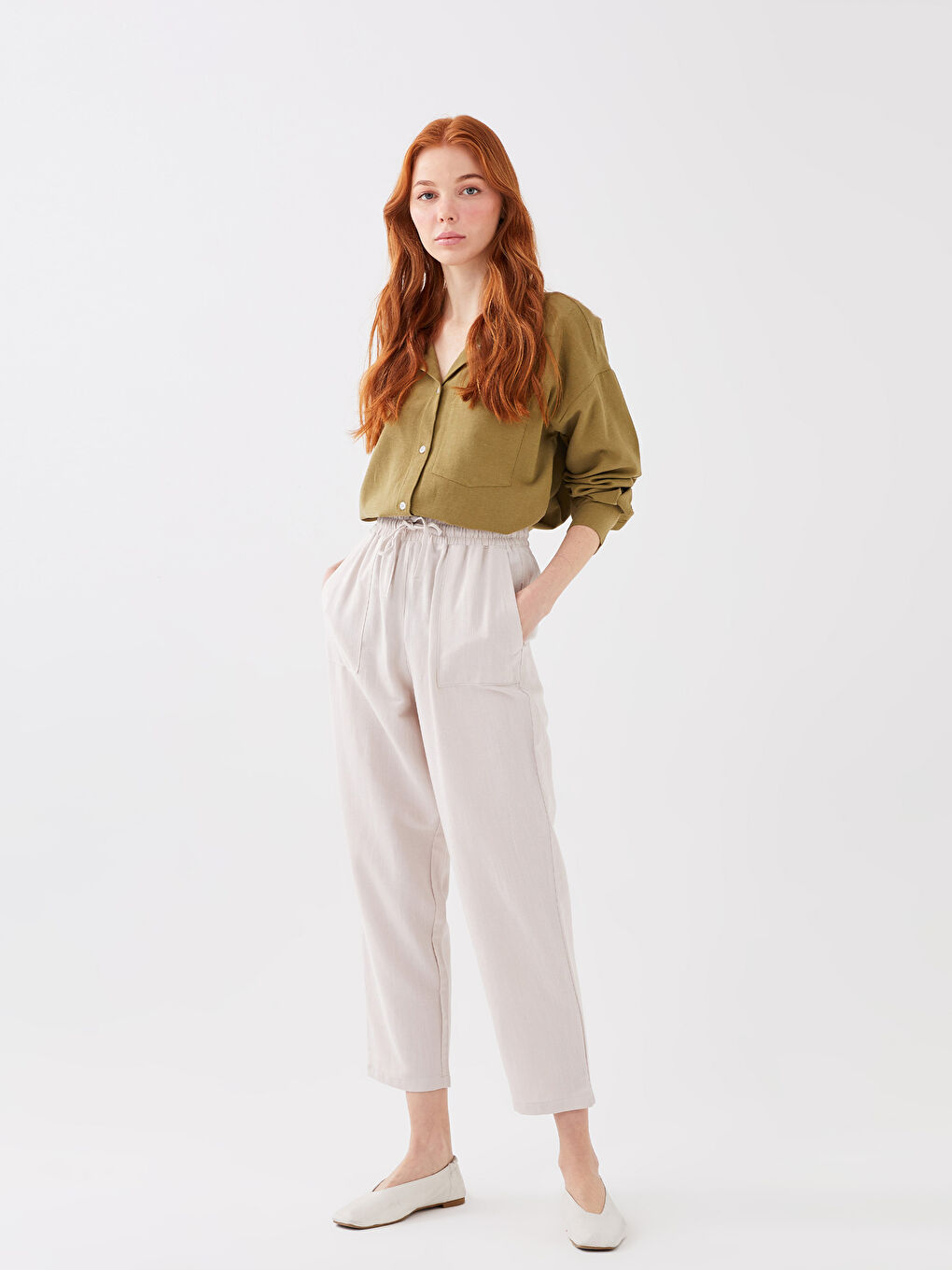 Elasticated Waist Plain Linen Blend Women's Trousers