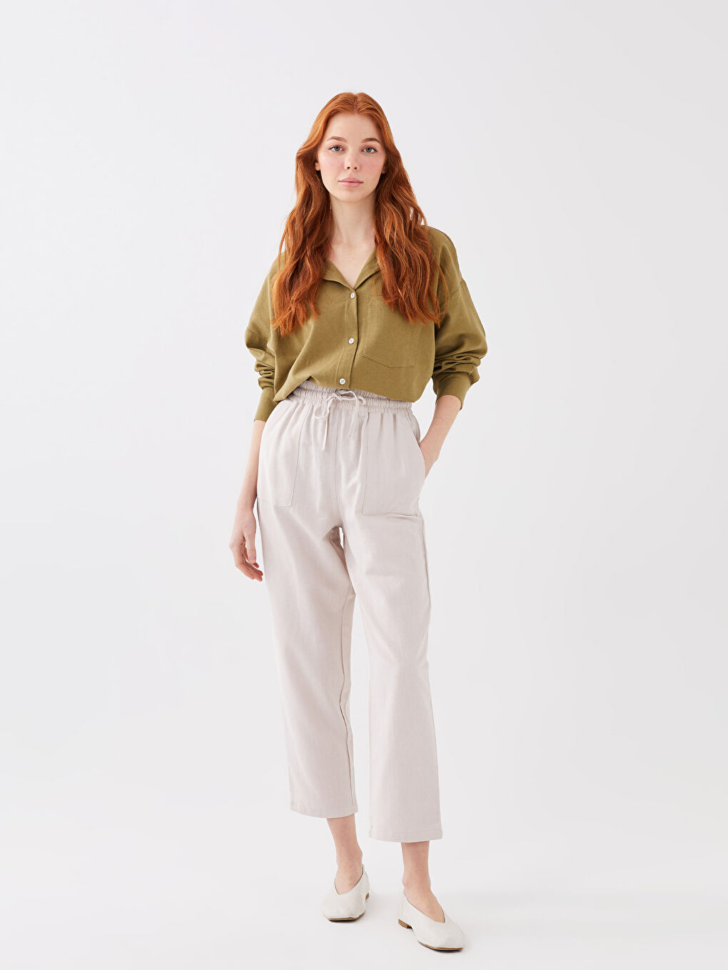 Elasticated Waist Plain Linen Blend Women's Trousers-1